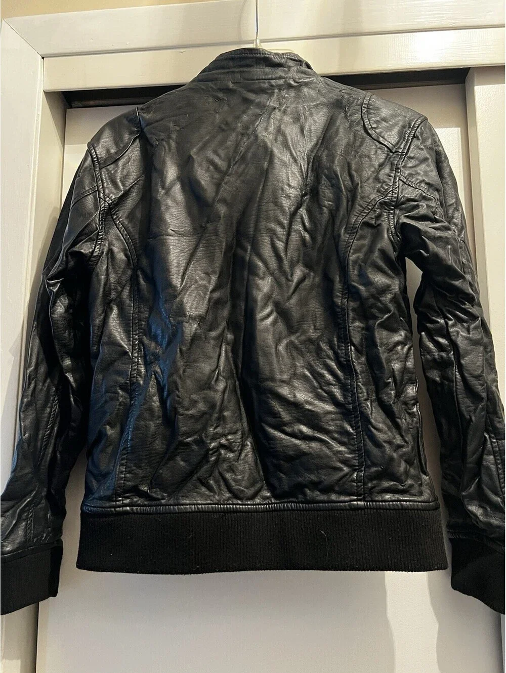 Boys size small CMOR Black Faux Leather Bomber Jacket Full Zip Ribbed Cuffs